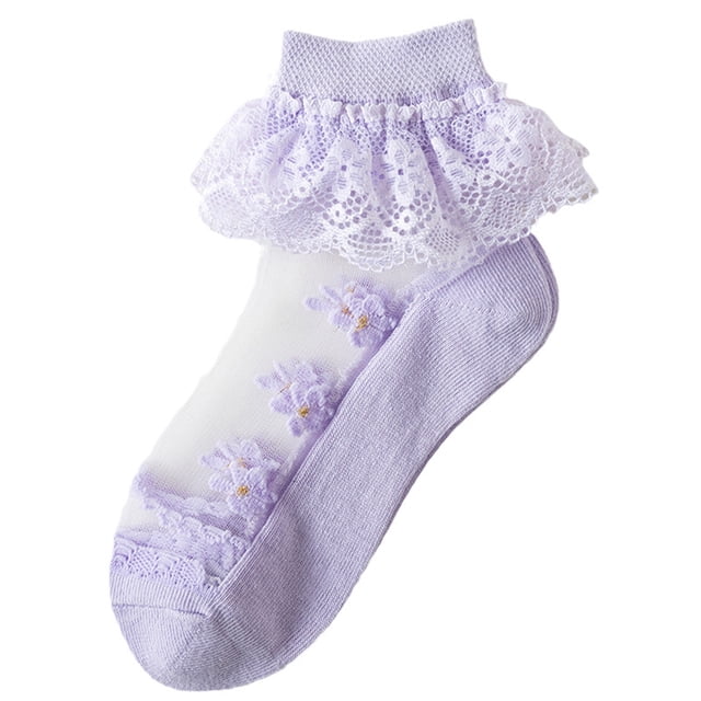 Work Socks Girls Ruffle Lace Socks Eyelet Floral Mesh Cotton Frilly Ankle Soft Dress Kids Princess Socks Ruffle Socks Purple 4Y