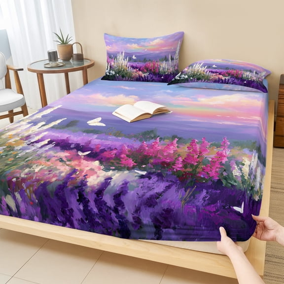 King Size Fitted Sheet Set - Purple Lavender 3 Piece Bedding Sets 16" Deep Pocket Fitted Sheet with 2 Pillowcases, Spring Country Oil Painting Butterfly Flower Brushed Microfiber Hotel Bed Sheets