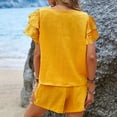 thumbnail image 4 of JULMCOMO Chiffon Two Piece Sets for Women Ruffle Crew Neck Summer Tops Drawstring Lounge Short Sets Vacation Outfits with Pockets Yellow M, 4 of 5