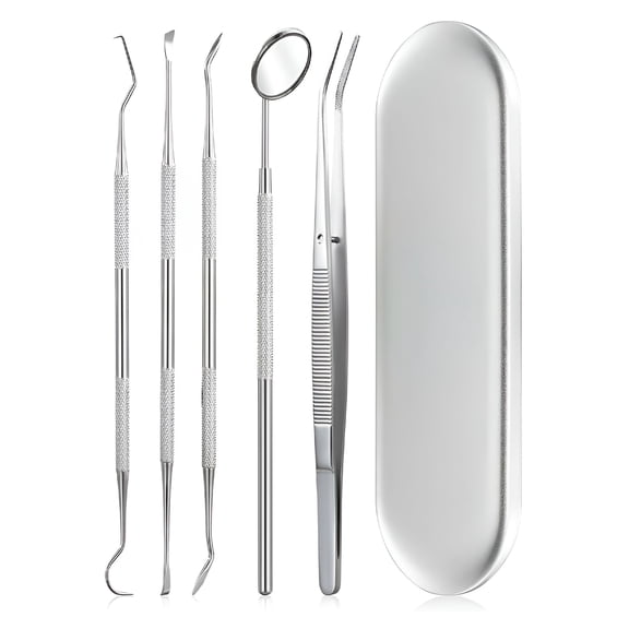 XIRQI Dental Tools,5 Pcs Professional Teeth Cleaning Tools Stainless Steel Dental Scaler,Mouth Mirror,Tarter Scraper,Tooth Pick,Tweezers,For Personal & Pet