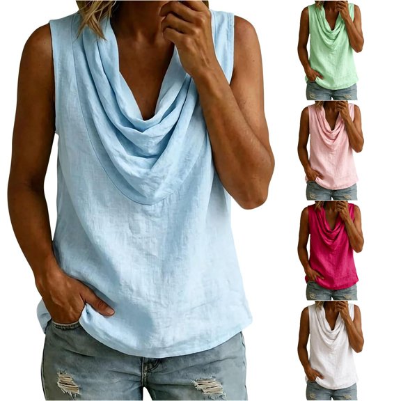 VNKIDY Womens Cowl Neck Sleeveless Solid Color Textured Tank Top Loose Curved Hem Breathable Summer Casual Daily Vest Tops For Ladies Classic Top L
