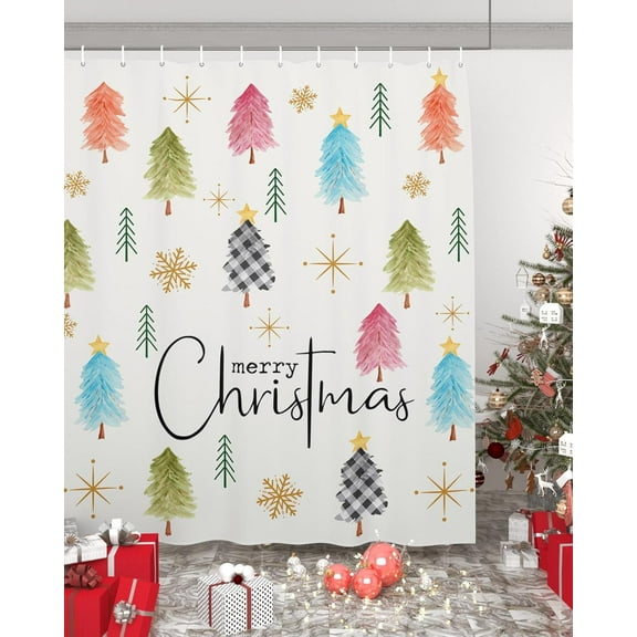 Polyester Fabric Colorful Christmas Tree Shower Curtain, Xmas Tree Snowflake Merry Christmas, Waterproof Bathtub Curtain Bathroom Decor Set with Hooks 72 x 84 Inches,