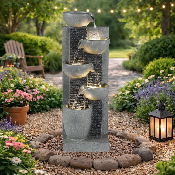 HOMEDIARY 23.3" H Outdoor Water Fountain, 5-Tier Cascading Bowls Waterfall Fountain with LED Lights & Adjustable Pump, Garden Water Feature, Modern Concrete Finish for Patio, Backyard and Home Décor