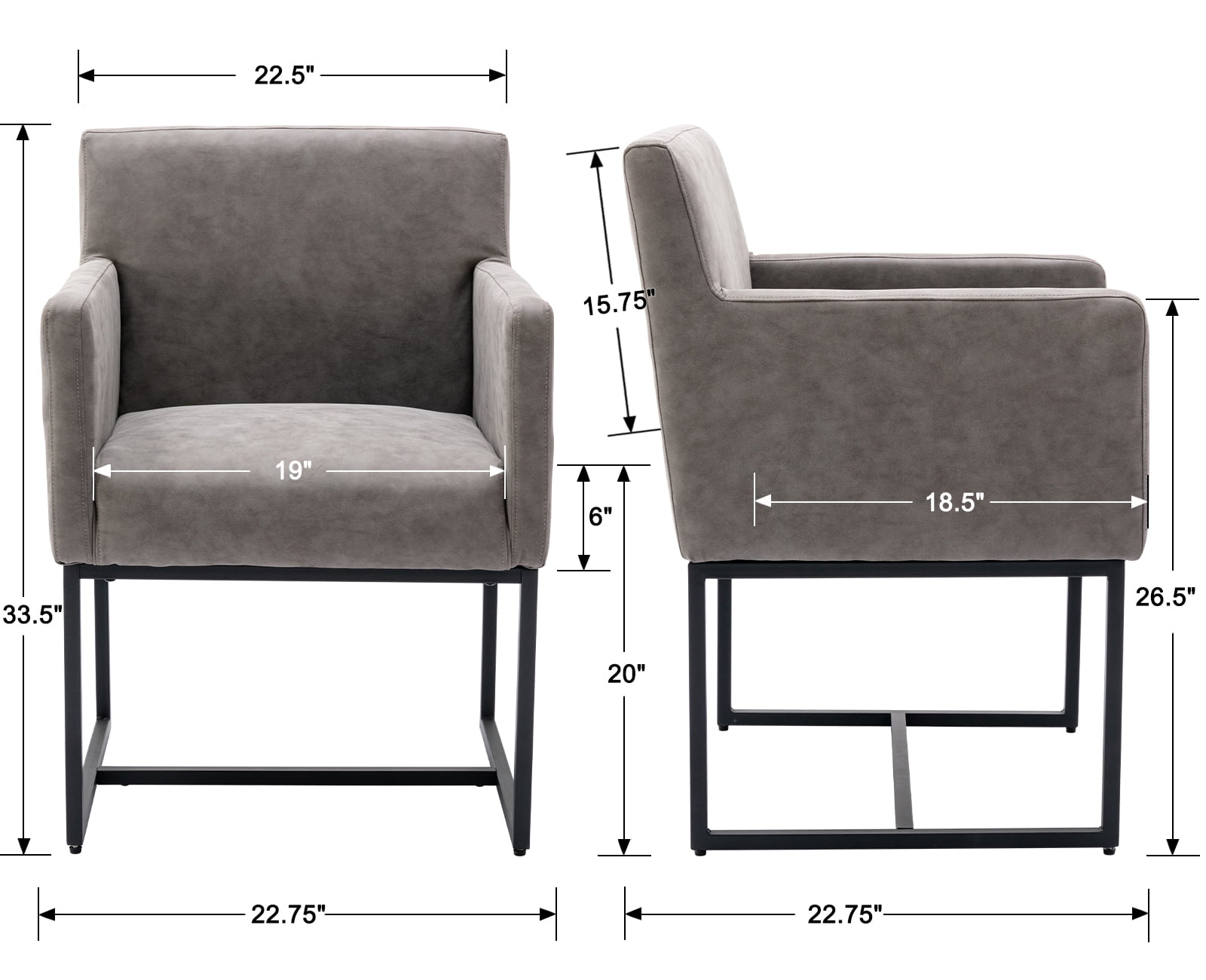 Guyou Modern Faux Leather Upholstered Dining Chairs Set of 2, Kitchen Chairs with Arm and Black Finish Metal Frame, Accent Armchair with back for Living Room Dining Room Bedroom Reception Room, Gray