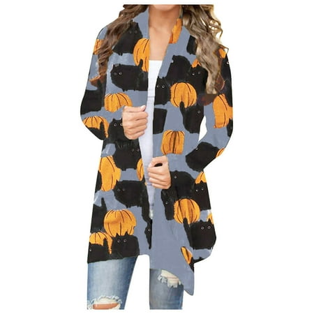 

Women Long Sleeve Halloween Animal Cat Pumpkin Print Cardigan Autumn Coat Blouse