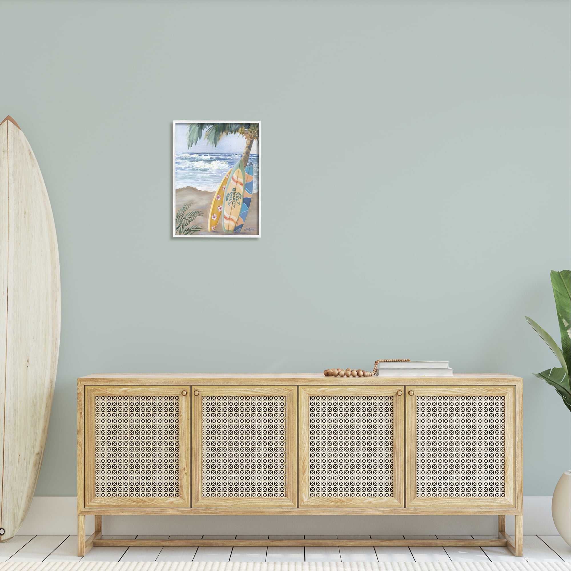 Stupell Fun Summer Surfboards Leaning Palm Tree Landscape Painting White Framed Art Print Wall Art