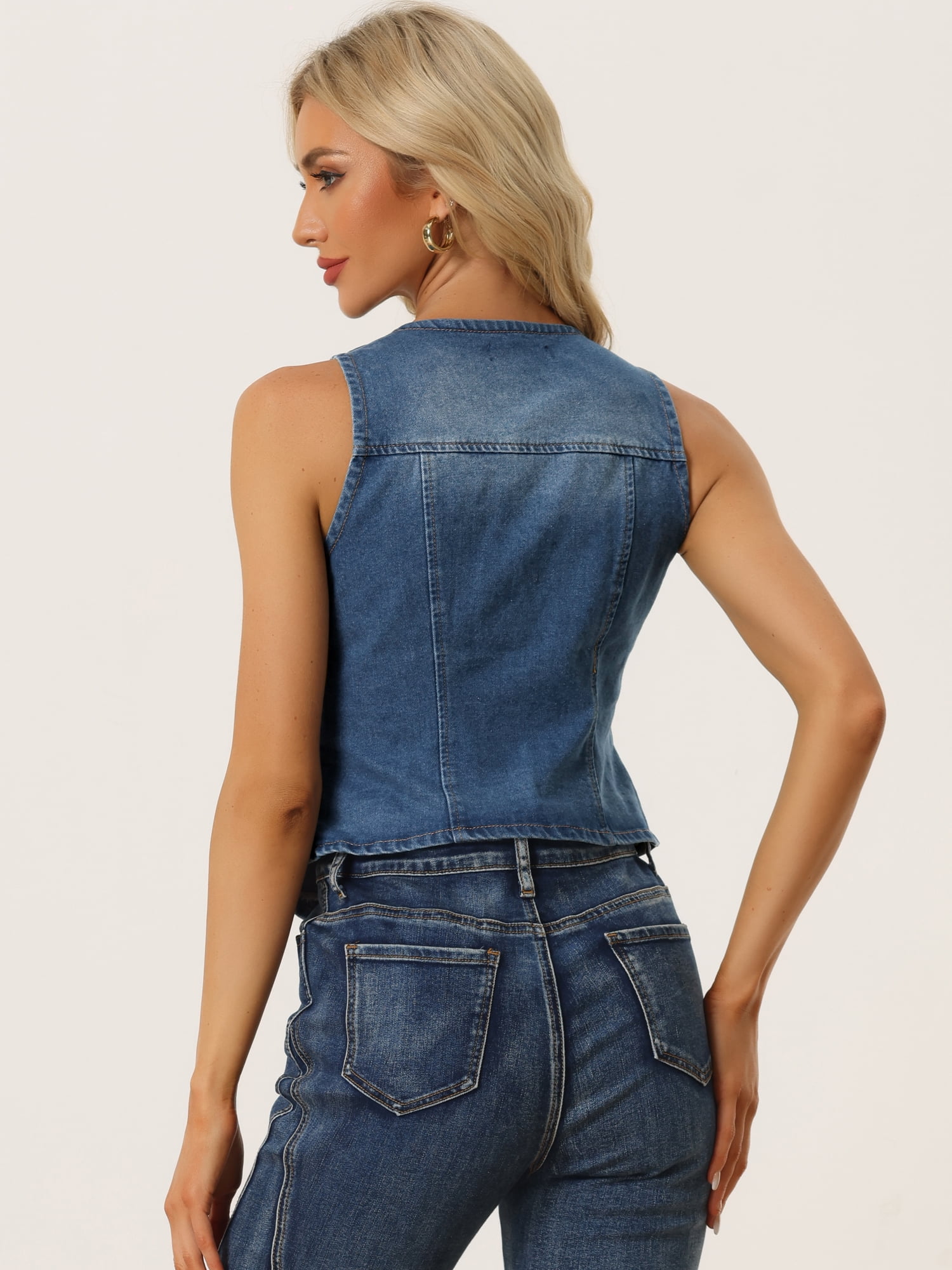 DARING DIVA Women's Denim Vest Washed Distressed Jean Jacket S Sky Blue