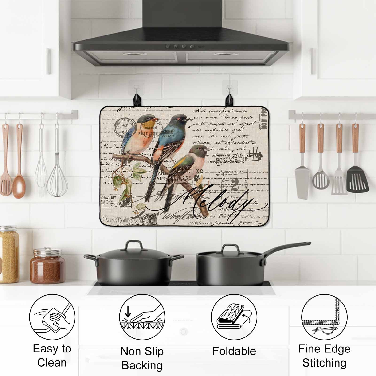 Country Birds Stove Top Cover for Electric Stove, Heat-proof & Non Slip Glass Top Stove Cover Protector, Envelope Postmark Vintage Farmhouse Botancial Kitchen Flat Cooktop Rubber Mat 31x24 Inches