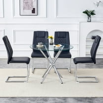 SUDICA 36.6" Round Glass Dining Table Set for 4, Clear Tempered Tabletop with Silver Metal Legs and Black PU Leather Chairs for Dining Room