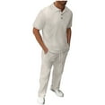thumbnail image 3 of VBTAPA Men's 2 Piece Summer Outfits Short Sleeve Csual Track Suits Textured Polo Shirts and Drawstring Pants Set with Pockets Khaki XL, 3 of 6