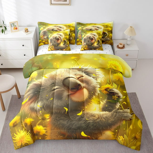 YST Kids Koala Queen Comforter Set 7-Piece Cartoon Koala Bedding Sets, Cozy For All Season, Yellow Flower Floral Bed Set