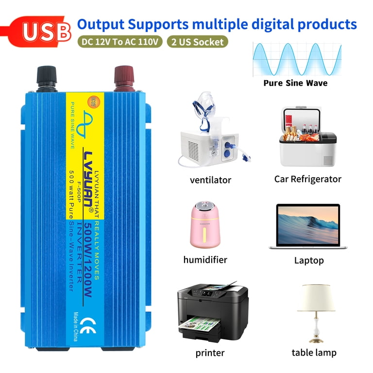 LVYUAN 500W Pure Sine Wave Power Inverter DC 12V to AC 110V 120V  display picture 1