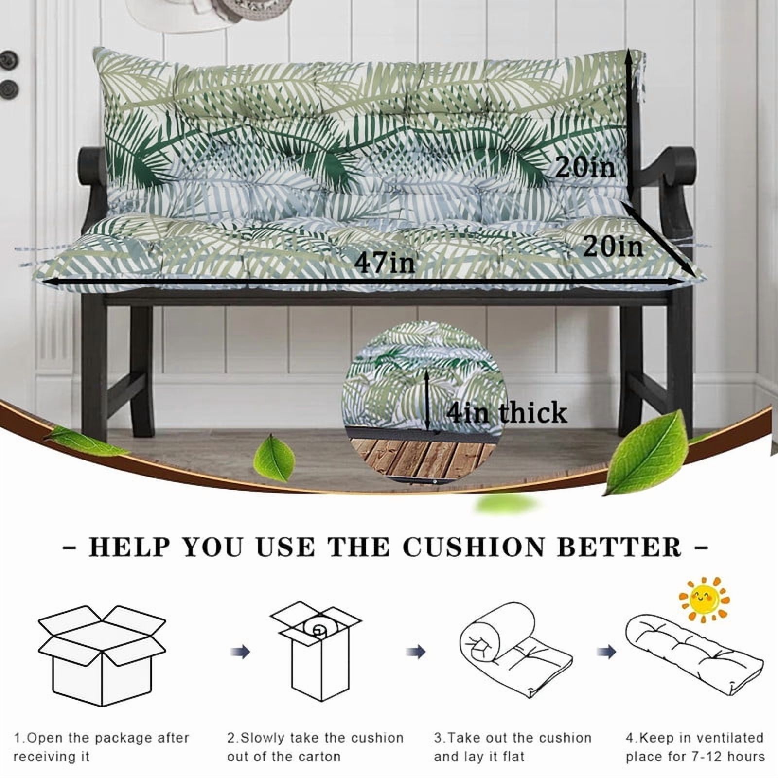 Outdoor swing cushions bench cushion, Waterproof Porch swing replacement cushions for outdoor furniture, 4" thick Bench Cushion for Backyard, Patio, Lawn（Bamboo leaves 40×47in）