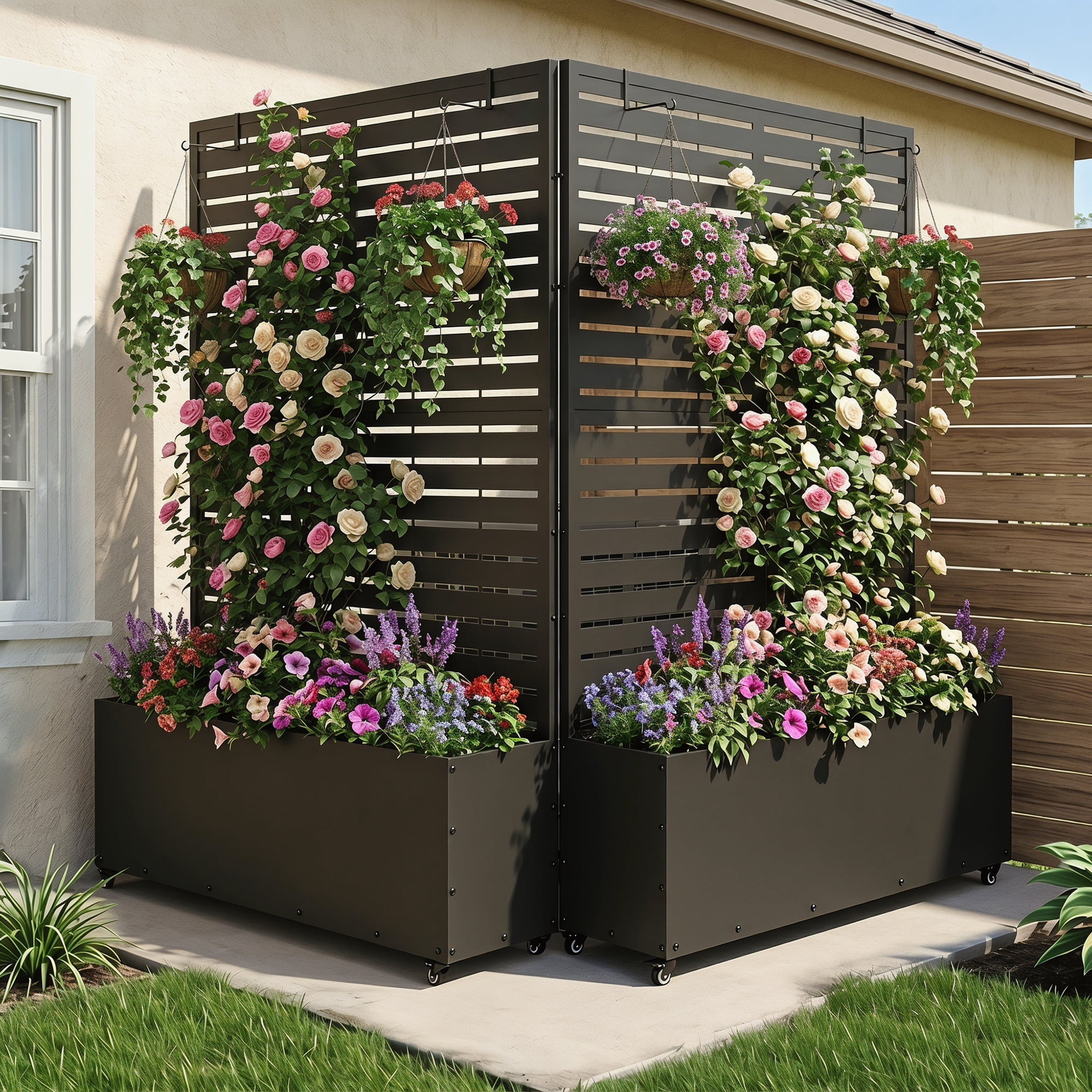 FOOWIN 71" H Metal Planter with Trellis and Wheels, Outdoor Raised Garden Bed for Climbing Plants, Trellis Planter Box with Drainage Hole, Black