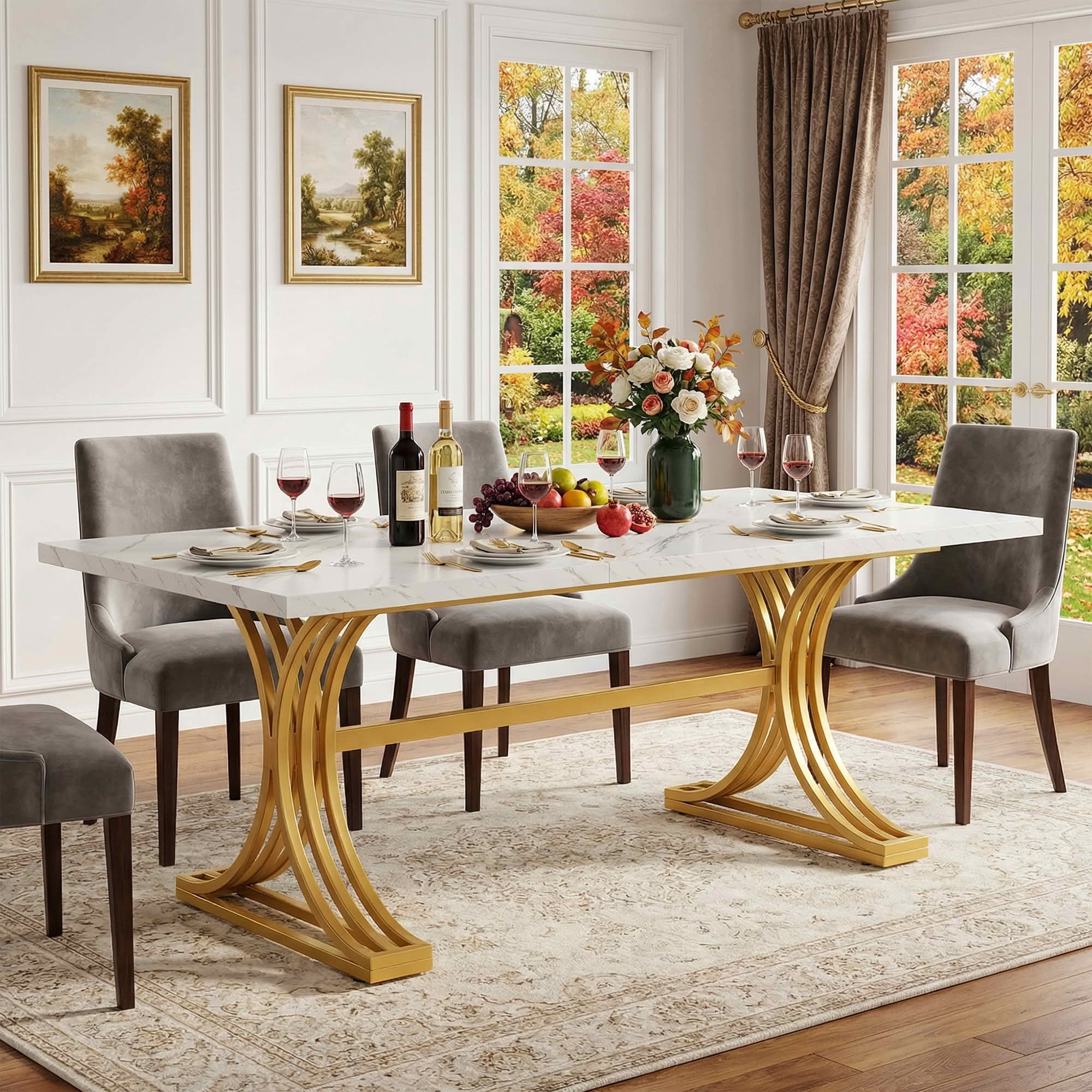 MAYEERTY 63" Faux Marble Gold Metal Dining Table, Modern Elegant Kitchen Table