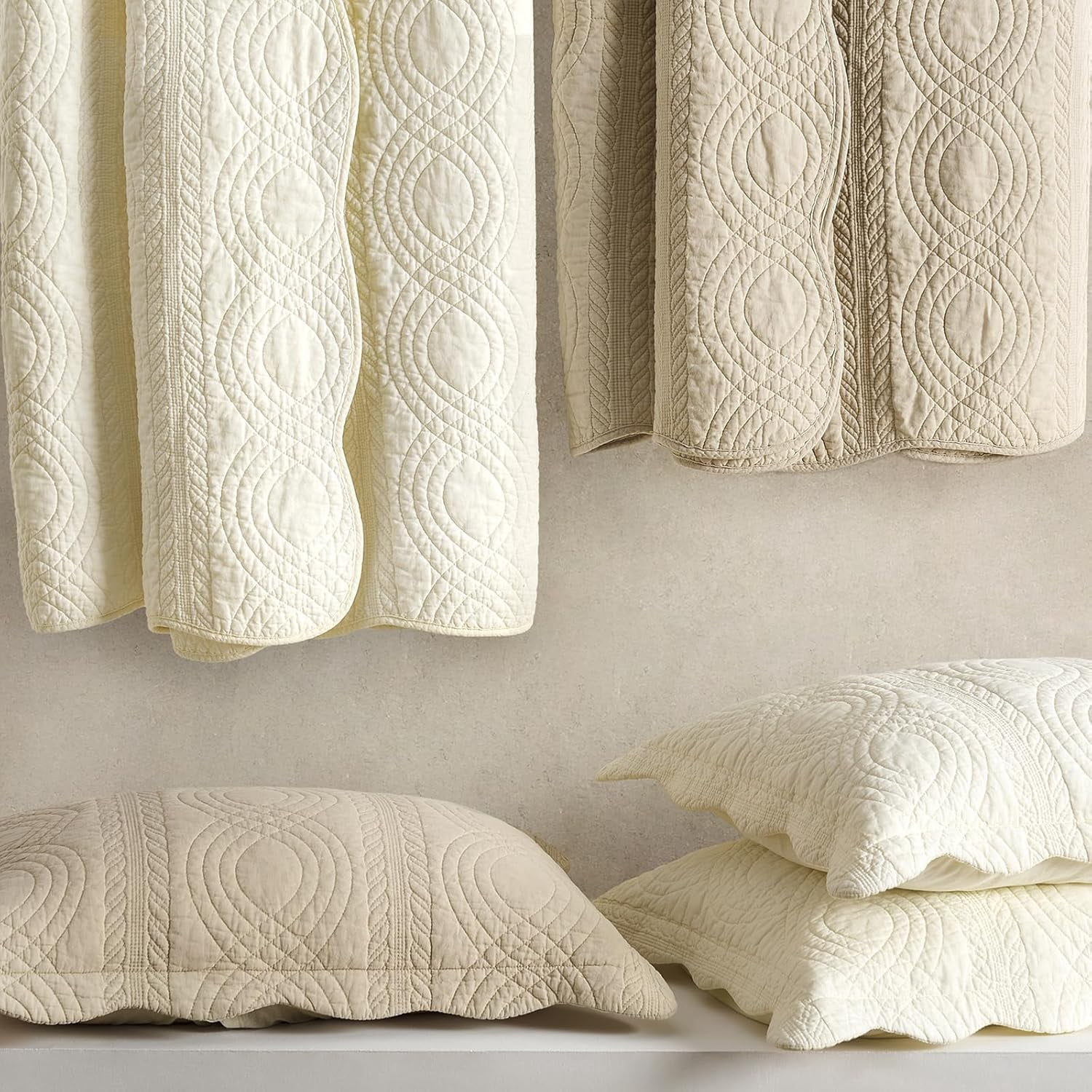 EVERGRACE 100% Cotton Scallop Quilt Set, King Size 3 Piece Set  Lightweight Bedspread with 2 Shams, Soft Prewashed Matelasse Coverlet for Cozy and Elegant Bedding, Flax Beige