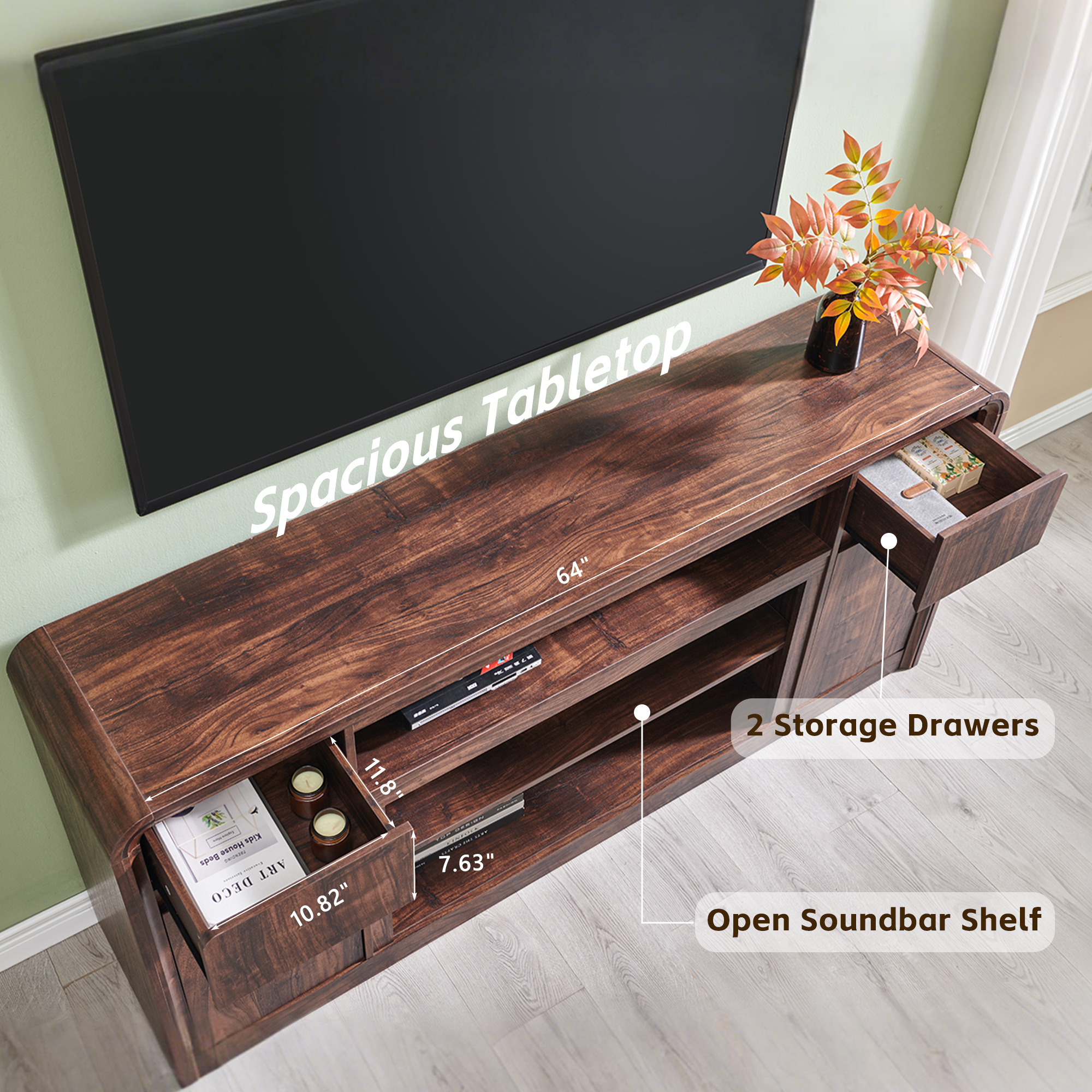 70" Modern TV Stand for TVs Up to 80 inch, 32" Tall Entertainment Center, Wood Media Console & Adjustable Shelves for Living Room, Curved Profile Design