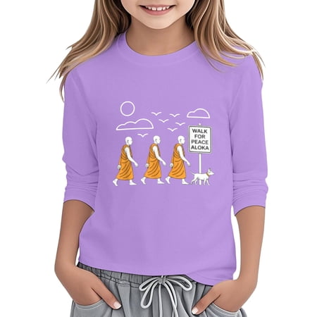 FINALGANG Girls Kids Long Sleeve Pullover Cartoon Prints Crewneck Relaxed Fit Lightweight Top For Daily Outdoor Activities Purple 12-13 Years