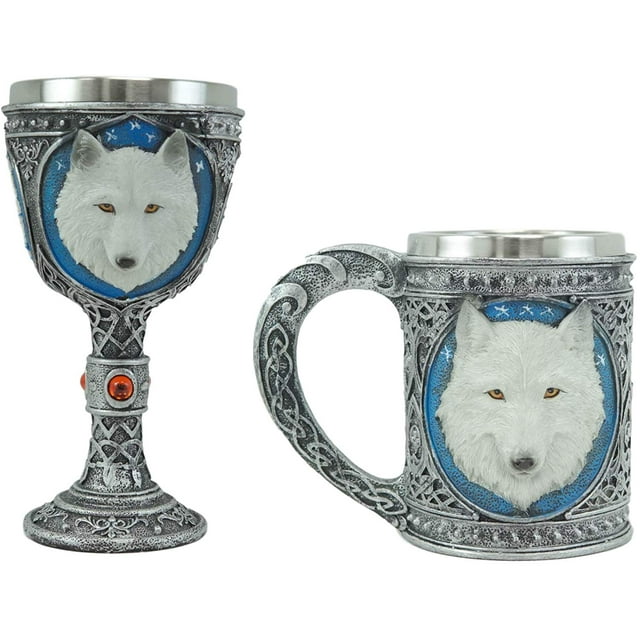 Ebros Large Celtic Direwolf White Snow Wolf Coffee Mug & Wine Goblet Chalice Set
