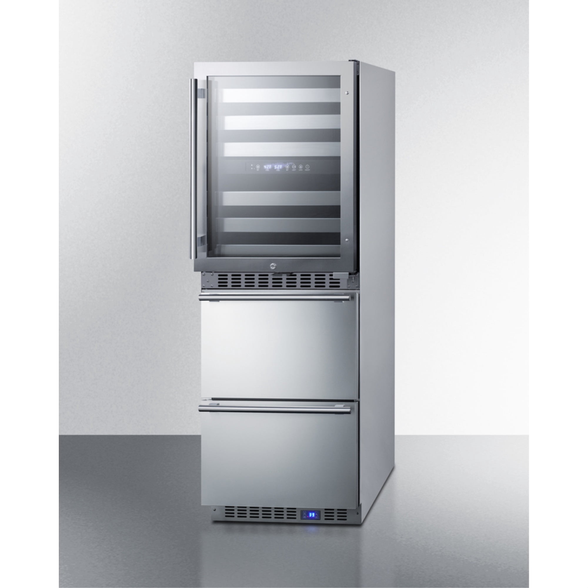 24" wide combination built-in/freestanding upright dual zone glass door wine cellar and 2-drawer refrigerator in stainless steel