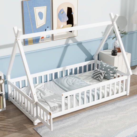 Miniyam Twin Floor Bed for Kids with House Frame, Guardrails and Lockable Door, White