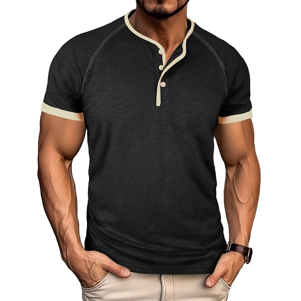 Tops para hombre, blusas y camisas de manga corta con cuello redondo para hombre, blusa informal de moda con botones y parches lisos, blusa de manga corta para hombre, blusa de poliéster para hombre