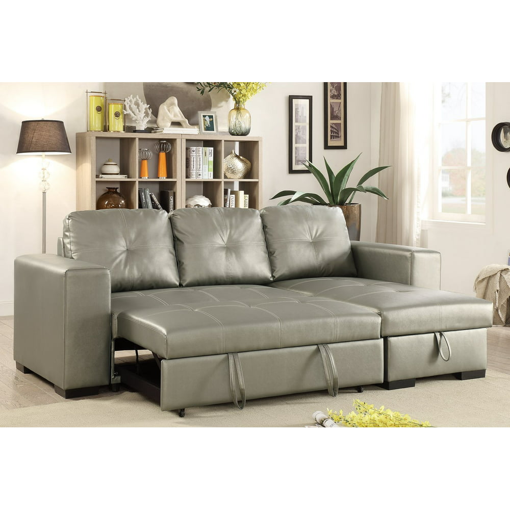 Convertible Silver Faux Leather Reversible Sectional Sofa