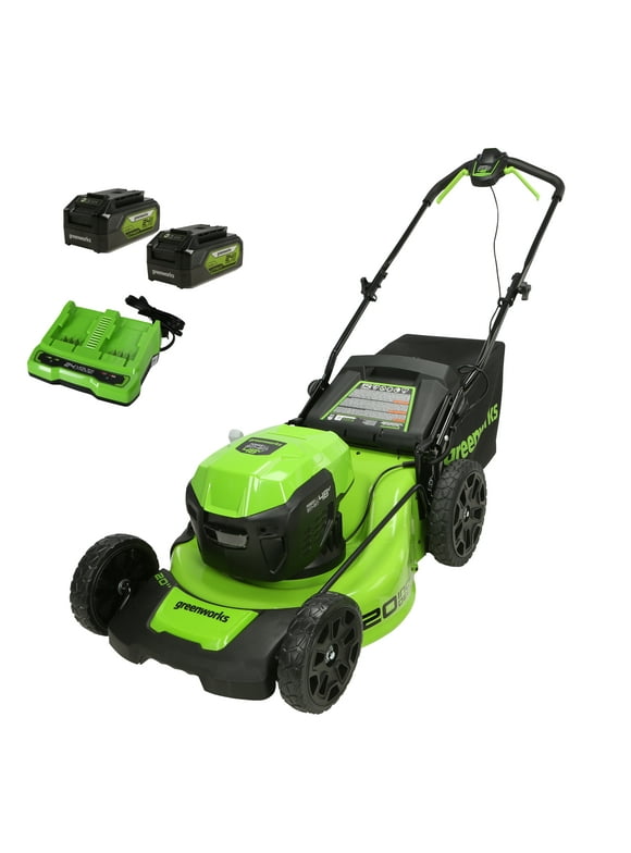 Greenworks 48V 20" Battery-Powered Lawn Mower Two (2) 4.0Ah USB Batteries & Charger