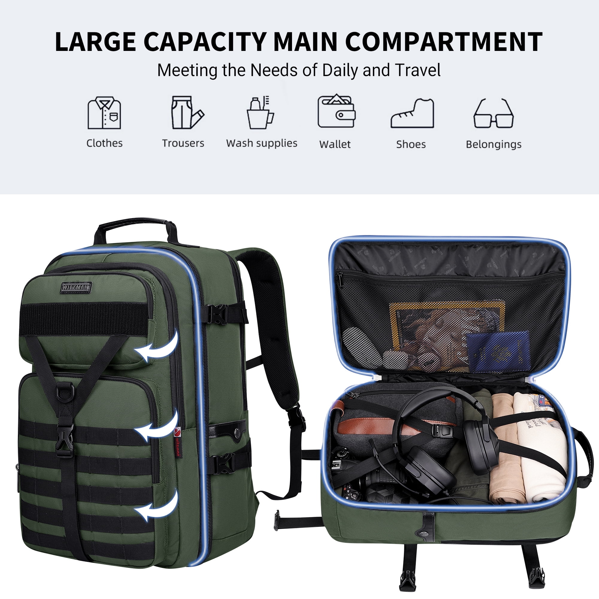 WITZMAN Carry On Travel Backpack for Men Convertible Nylon Backpack 3 in 1 Bag fit 17 Inch Laptop for Airplane 45L,B688 Army Green