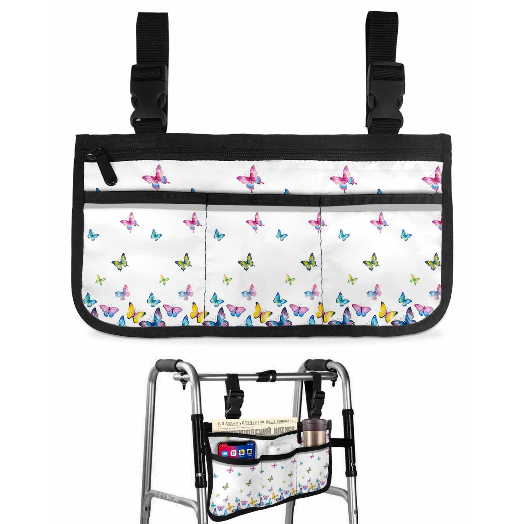 Colorful Butterfly Wheelchair Side Bag with Cup Holder, Watercolor Pink Blue Yellow Butterflies Country Wheelchair Armrest Bag Storage Pouch Adults, Seniors for Walkers, Rollator, Scooter