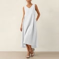 thumbnail image 2 of Vestido Corto para Mujeres Moda de Verano Sólido Cuello en V sin Mangas Bolsillo Plisado Vestido Casual Diario, 2 of 6