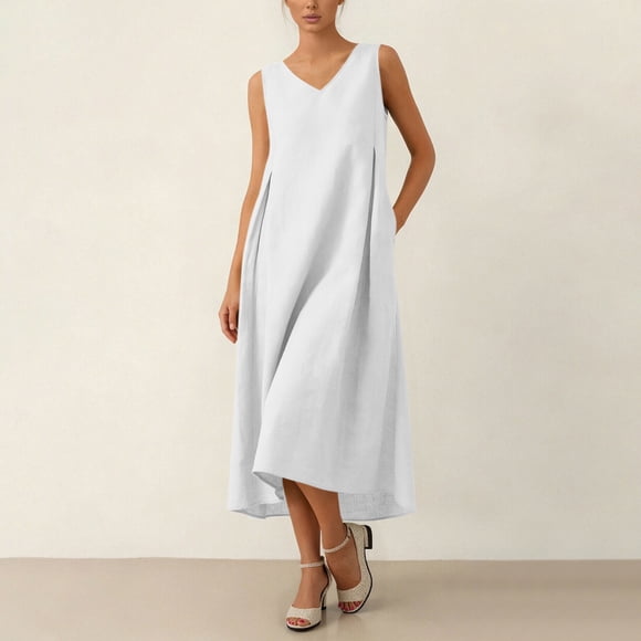 Floral Mini Dress Oversized Linen Dress Women's Sleeveless V Neck a Line Midi Sundress with Pockets Summer Flowy Dresses White L