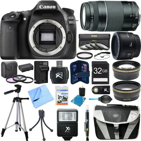 - Canon EOS 80D CMOS Digital SLR Camera Super Bundle includes Camera, 50mm Lens, 75-300mm Lens, 58mm Filter Kit, 32GB SDHC Memory Card, Tripod, Gadget Bag, Cleaning Kit, Beach Camera Cloth and More!