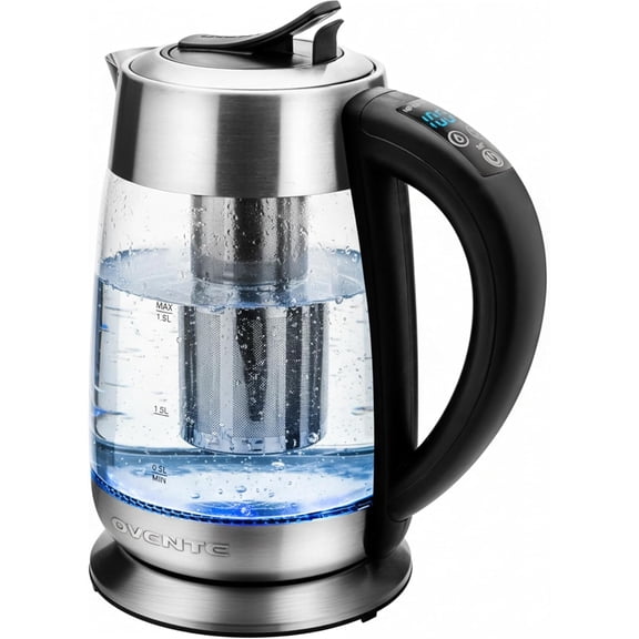 OVENTE Electric Glass Kettle Hot Water Boiler 1.8 Liter BPA Free 1500W, Set Temperature Control, Auto Shut Off, Portable Tea Kettle & Instant Water Heater   Stainless Steel Infuser - KG6610S