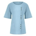 thumbnail image 4 of Cuoff Blouses for Women Fashion Casual Temperament Round Neck Vintage Cotton and Hemp Solid Button Short Sleeve T-Shirt Womens Tops Sky Blue 3X, 4 of 5