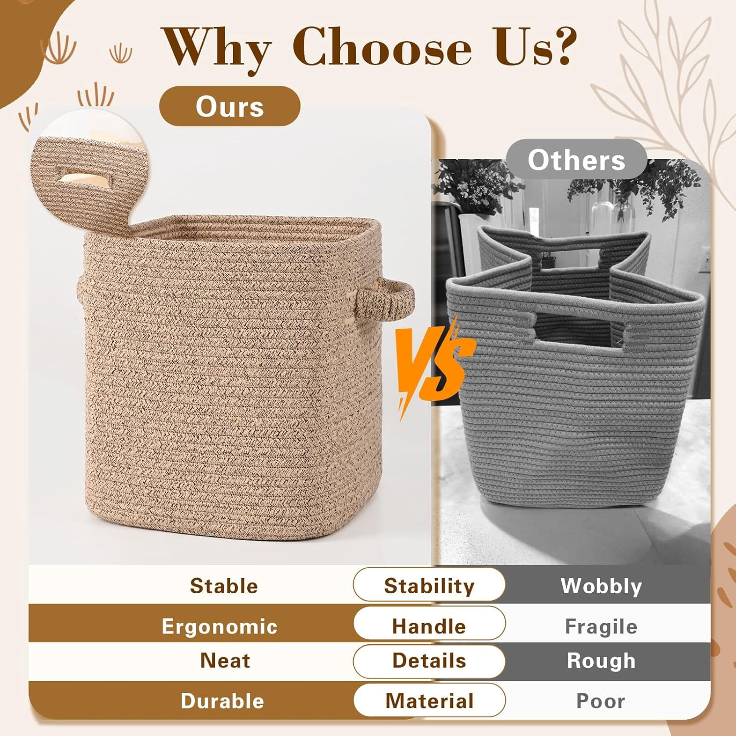 Natubeau 3 Pack Woven Storage Basket for Shelves, Cube Storage Bins, Cotton Rope Woven Baskets for Organizing, 11 Inch, Jute