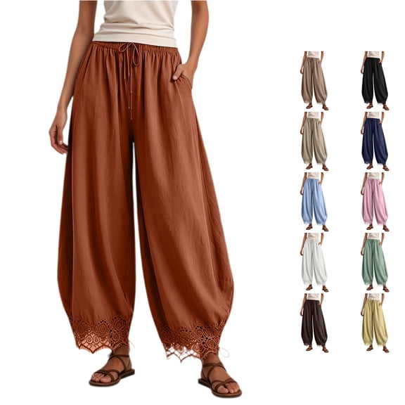 WERYOUNG Elegant Knit Lace Pants For Women With Elastic Waist And Curved Front Slits Wide Leg Trousers Palazzo Pants For Women Trendy Bottoms L