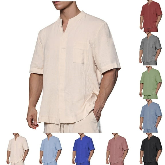 Men's Linen Shirt Short Sleeve Casual Grandad Shirts Collarless Henleys T Shirt Summer Beach Tops Khaki L