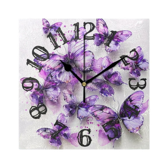 Purple Butterflies Watercolor Wall Clock Square Silent Non Ticking Battery Operated Clock for Home Bathroom Kitchen Bedroom Living Room