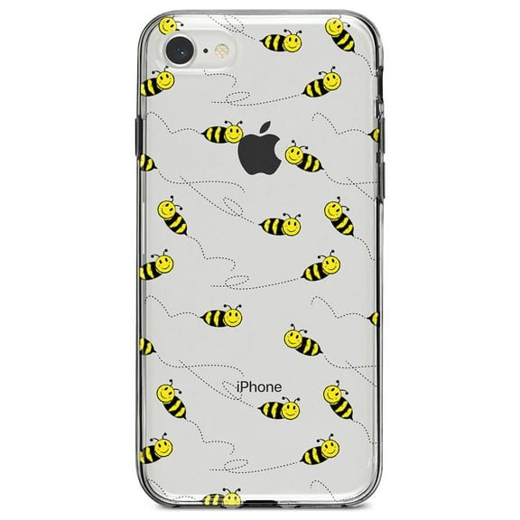 DistinctInk Clear Shockproof Hybrid Case for iPhone 7 8 SE (2020 Model) 4.7" Screen TPU Bumper Acrylic Back Tempered Glass Screen Protector - Repeating Bumble bees