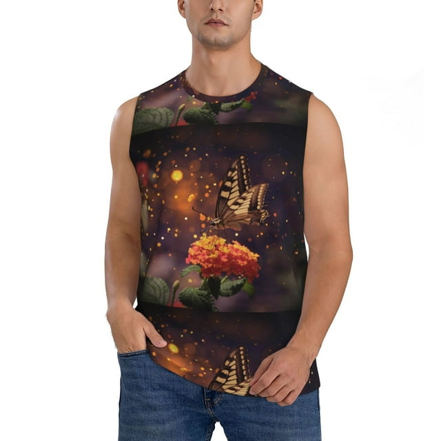 Bingfone Butterfly Sitting on a Flower Pattern Men's Tank Tops Workout Sleeveless Tee Shirts Running Beach Tanks for Men-Large