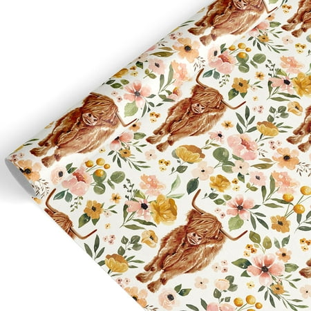 JarThenaAMCS Highland Cow PresNok Floral Wrapping Paper -Mini Roll- 17 Inch x 32.8Ft Rustic Flower Cattle Gift Wrap Paper Farmhouse Art Paper for Wedding Birthday Baby Shower DIY Crafts