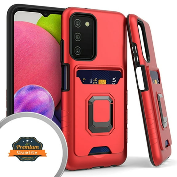 Xpression Case for Samsung Galaxy A03s (2022) Wallet Credit Card Slot Holder with Metal Ring Kickstand Shockproof Hybrid Dual Layer Stand Phone Cover [Red]