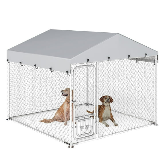 SAEWUD Outdoor Dog Kennel with Roof & Feeder, 7.5'x7.5' Heavy Duty Dog Enclosure for Large Dogs, Weatherproof Cage for Backyard or Patio Use