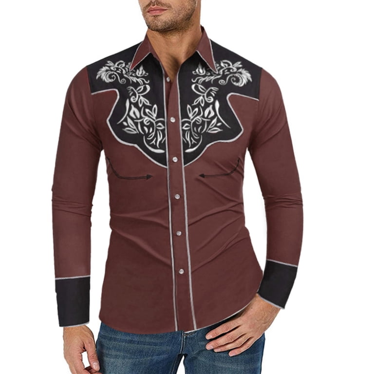 Conairie Mens Western Cowboy Shirts Slim Fit Long Sleeve Button Down Shirts Retro Embroidered Country Dress Shirts Brown M, Men's, Size: Medium