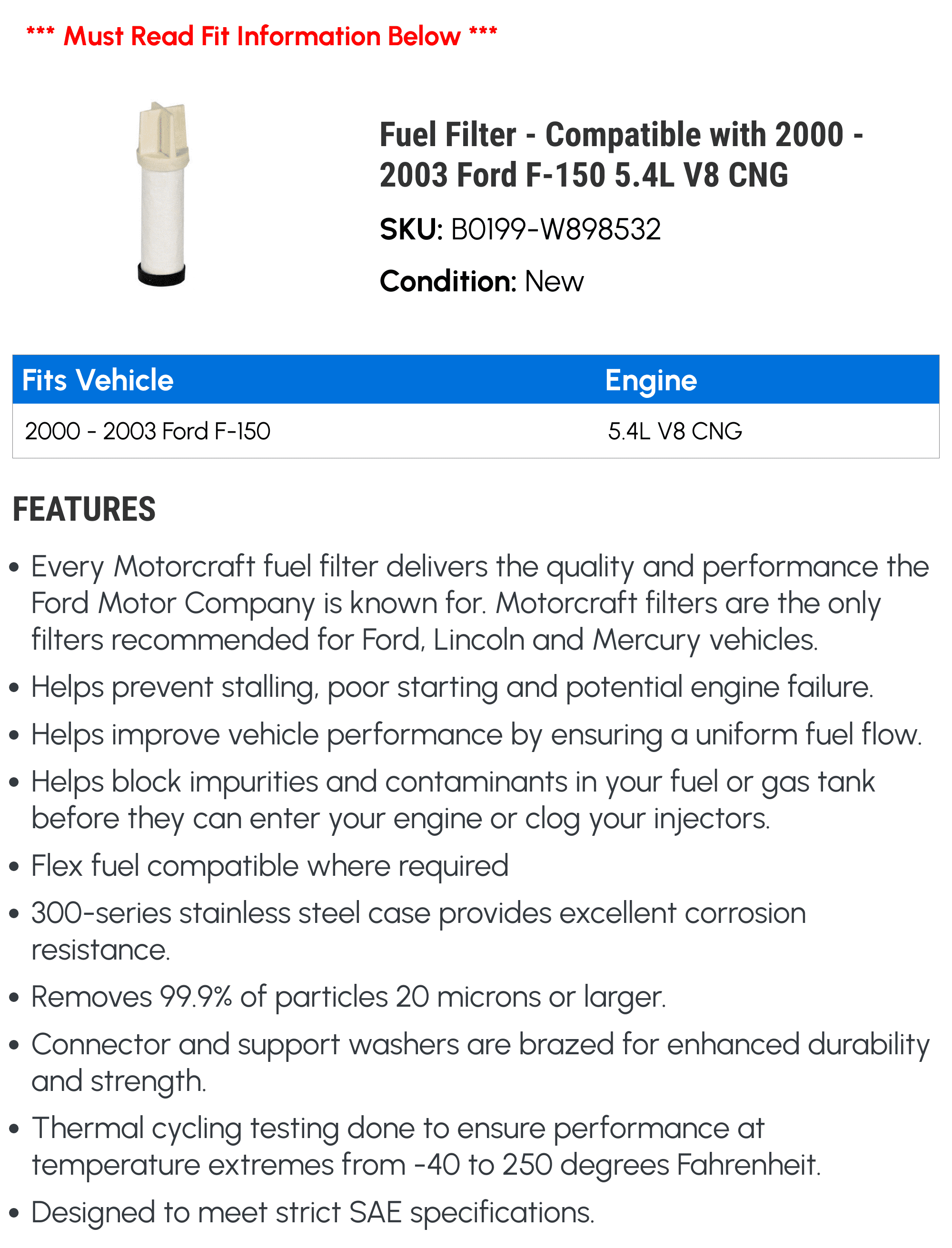Fuel Filter - Compatible with 2000 - 2003 Ford F-150 5.4L V8 CNG 2001 2002