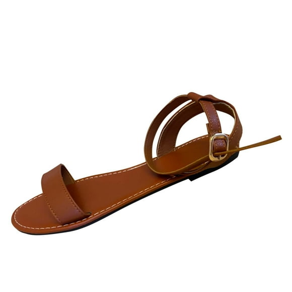 Hopeusnice Sandals for Women Soft Non-Slip PU Materials Summer Shoes Women's Sandals Open Toe Sandals Trendy Flat Heel Breathable Roman Moisture-Wicking Walking Shoes Brown 37