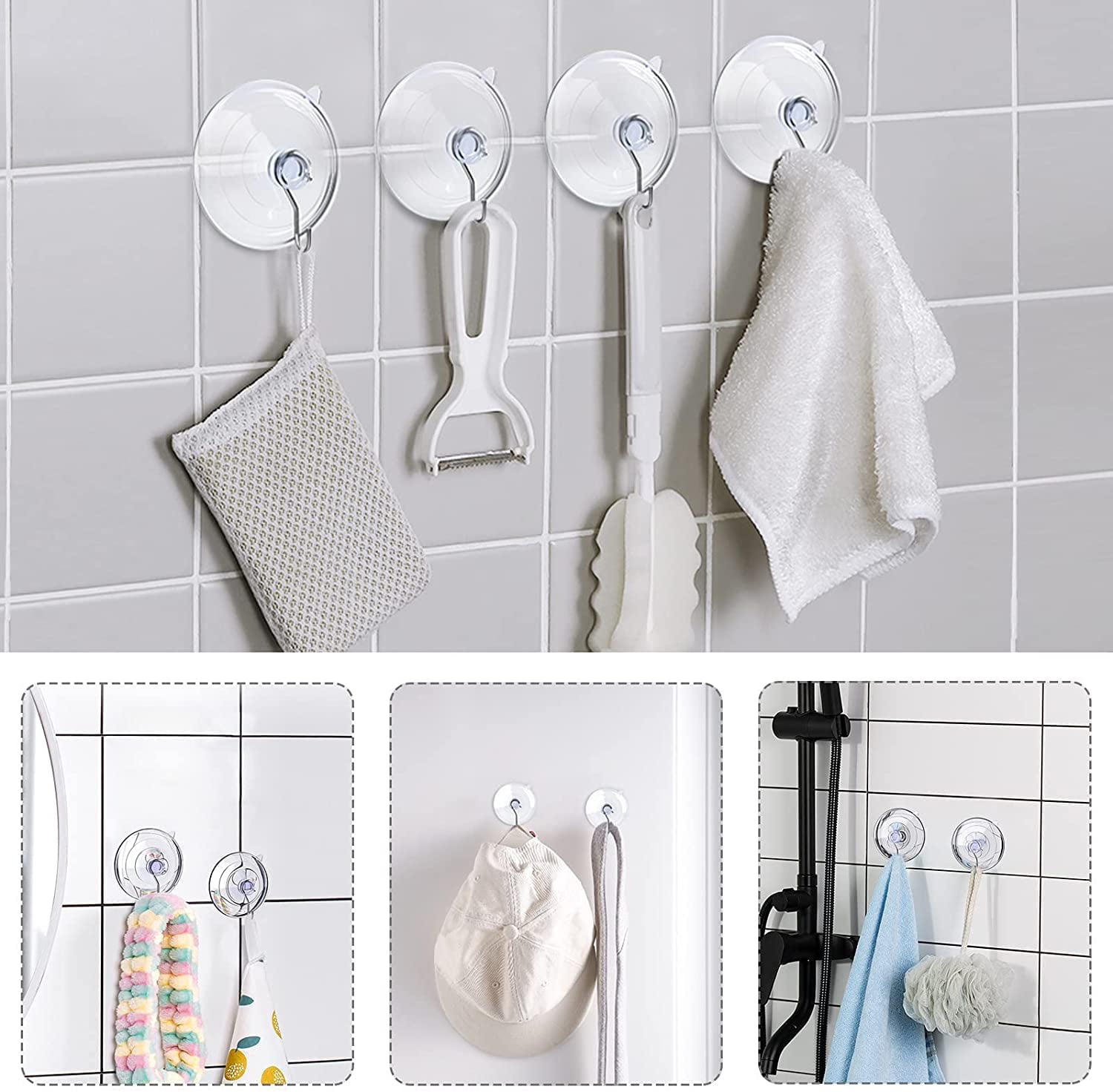 4 Pack Heavy Duty Suction Cup Hooks for Shower Waterproof Shower Suction  Hook Reusable and Removable Strong Attachment on Window, Glass Door,  Kitchen or Bathroom Tiles and Shower Wall