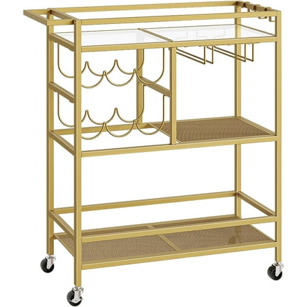 Bar Cart for Home, 3-Tier Serving with Wheels and Handle, Bevera Wine Rack Glass Holders, Rolling Kitchen, Dining Room, Gold RCJ61B01
