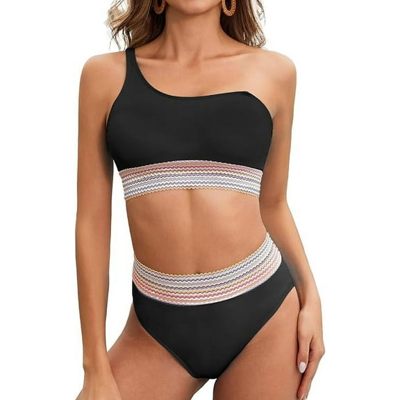 Women High Waisted Bikini Sets Two Piece Sporty High Cut Swimsuits Color Block Tummy Control Bathing Suit